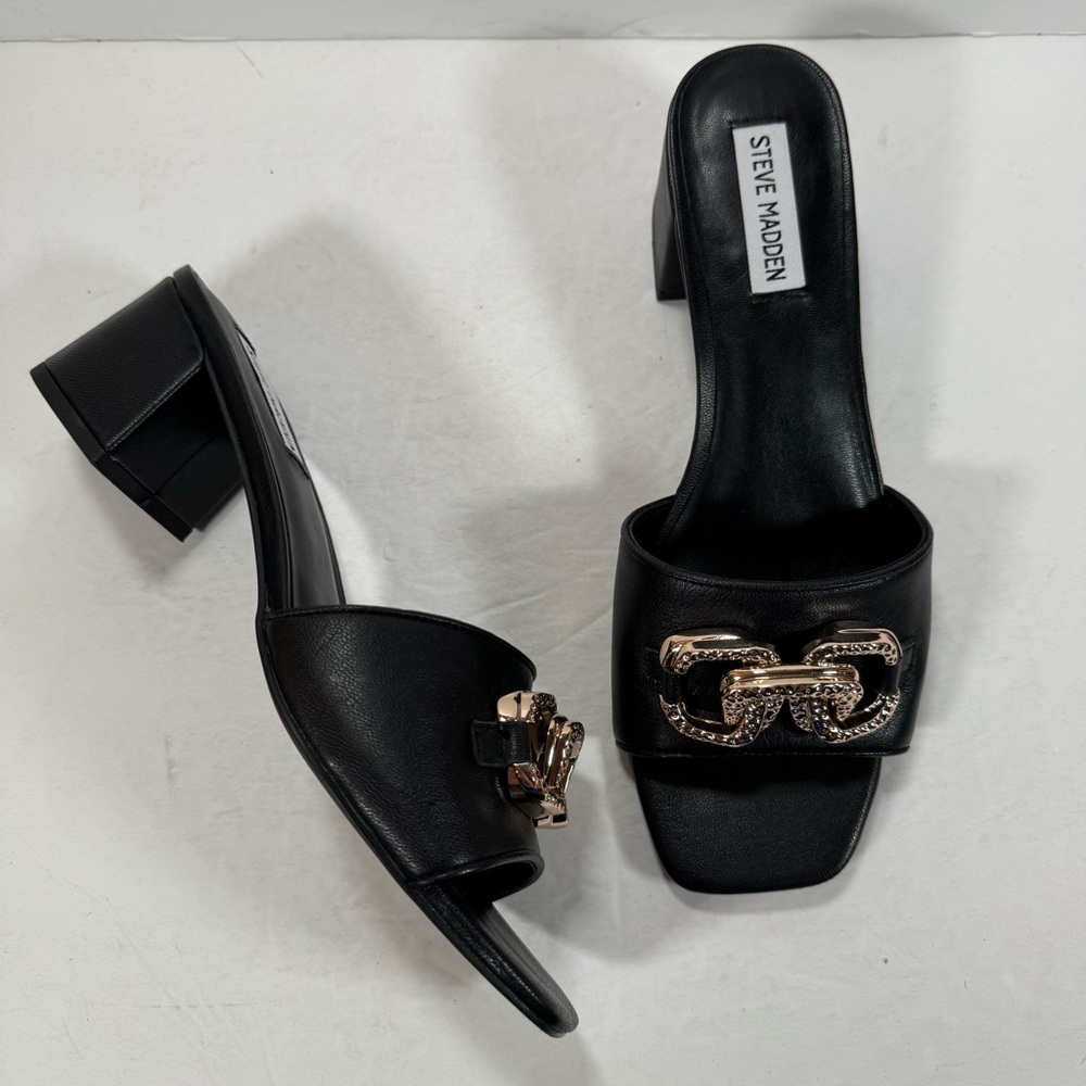 Steve Madden Santana Black Leather Gold Hardware Slide Sandals Women Size 10M